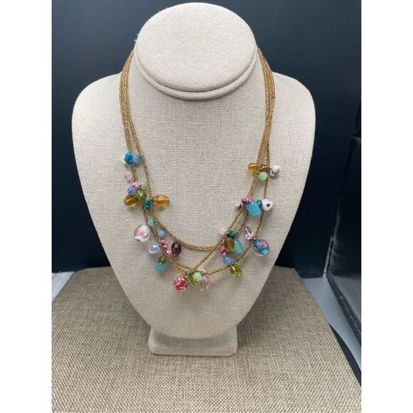 3 Strand Beaded Jelly Bean Glass And Other Glass Necklace Multicolored Silver - Picture 8 of 8